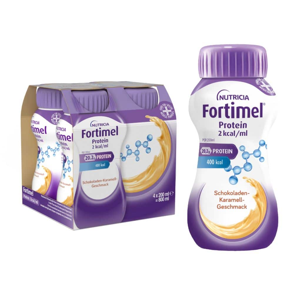 Fortimel Protein 2 kcal Schokolade-Karamell 4X200 ml Flüssigkeit
