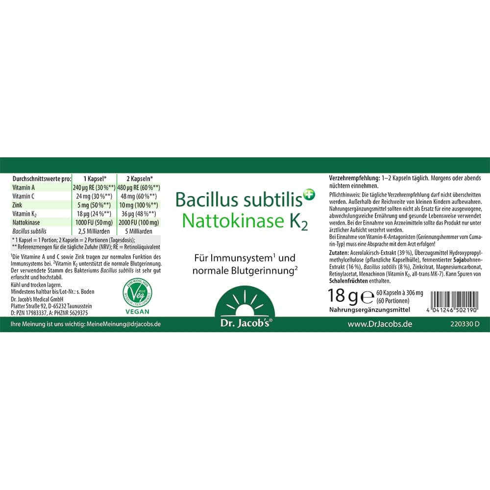 Bacillus subtilis plus Nattokinase-Enzym Vitamin K2 vegan