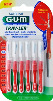 GUM TRAV-LER 0,8mm Kerze rot Interdental+6Kappen 6 St Zahnbürste