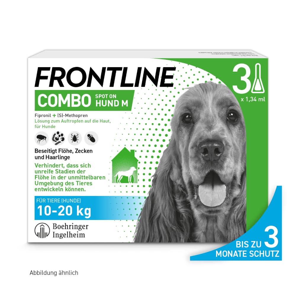 FRONTLINE COMBO gegen Zecken, Flöhe (Flöhe, Eier, Larven, Puppen) für Hunde M (10-20 Kg) 3 St Lösung