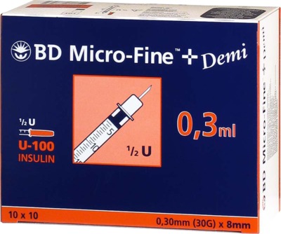 BD Micro-Fine+ Demi Insulinspritzen 0,3ml U100 0,3x8mm 100 St Spritzen