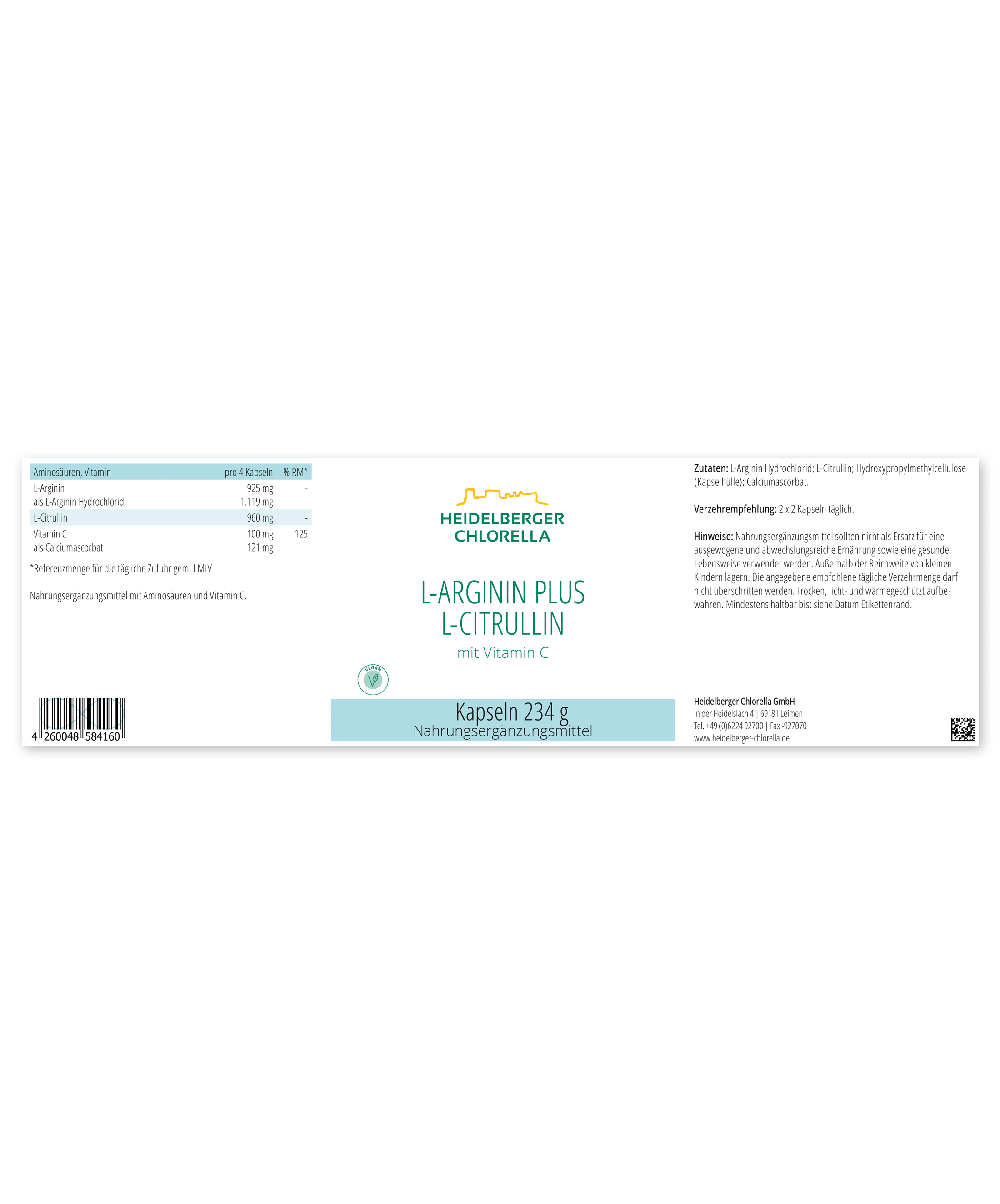Heidelberger Chlorella L-ARGININ PLUS L-CITRULLIN 234 g Kapseln