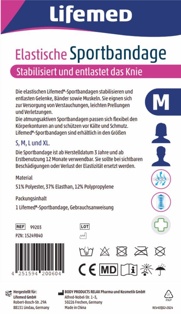 LifemeD Elastische Sportbandage Knie M 1 St Bandage