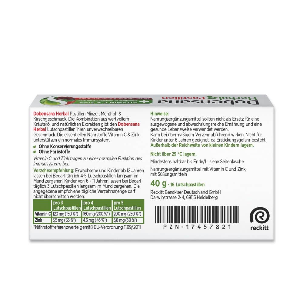 Dobensana Herbal + VITAMIN C & ZINK Kirschgeschmack 16 St Lutschpastillen Dobensana Herbal + VITAMIN C & ZINK Kirschgeschmack 16 St Lutschpastillen