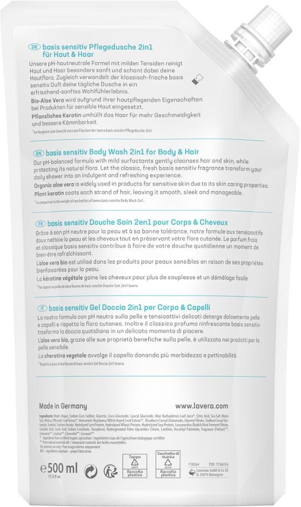 lavera BASIS SENSITIVE PFLEGEDUSCHE 2in1 NACHFÜLLBEUTEL 500 ml Beutel