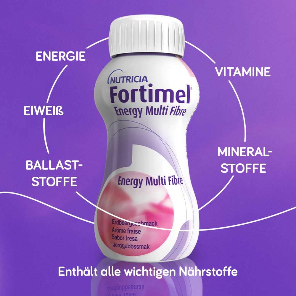 Fortimel Energy Multi Fibre Trinknahrung Erdbeere 4X200 ml Flüssigkeit