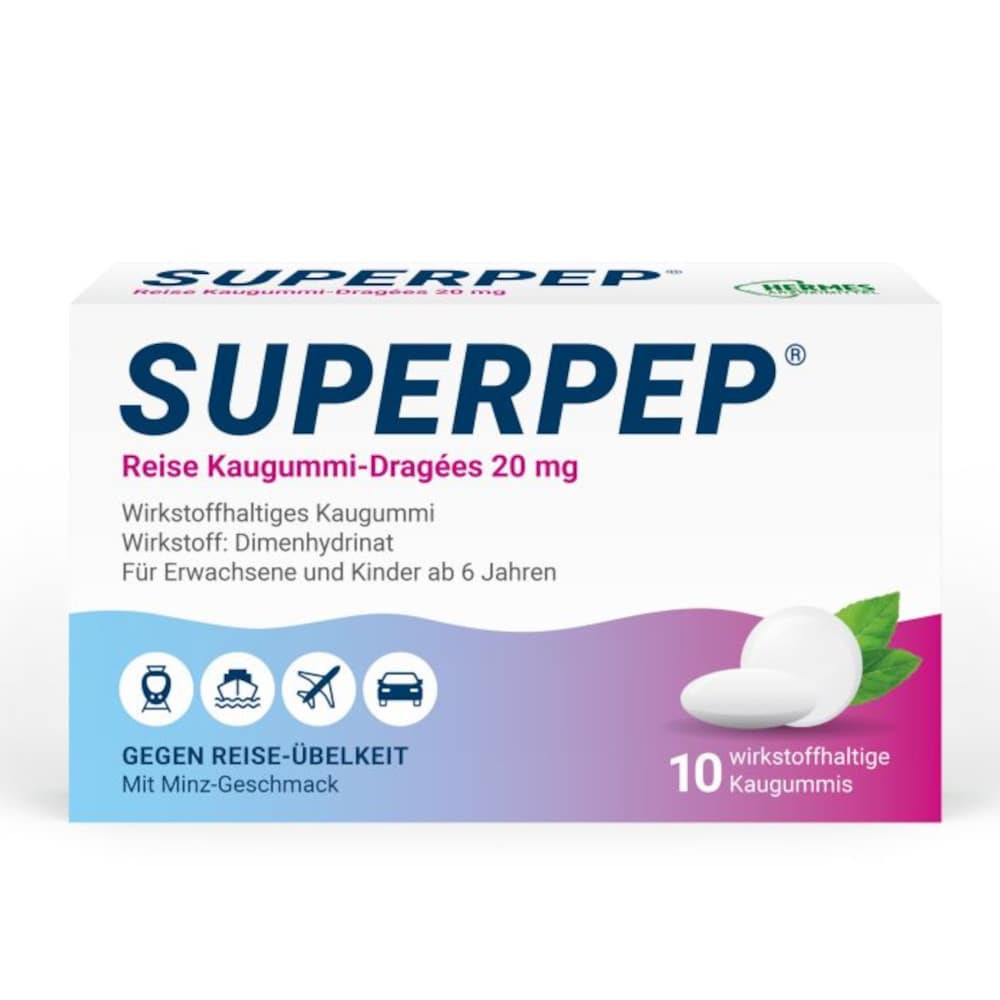 SUPERPEP Reise Kaugummi-Dragees 20 mg 10 St Kaugummi