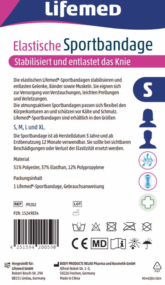 LifemeD Elastische Sportbandage Knie S 1 St Bandage