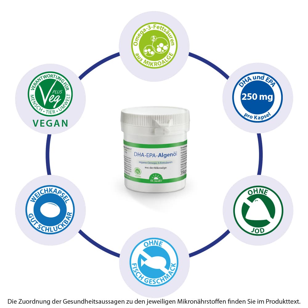 Dr. Jacob's DHA-EPA-Algenöl Kapseln Omega-3-Fettsäuren vegan