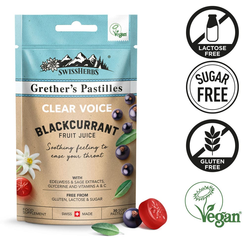 Grether's Pastillen SWISS HERBS Clear Voice BLACKCURRANT 45 g Pastillen