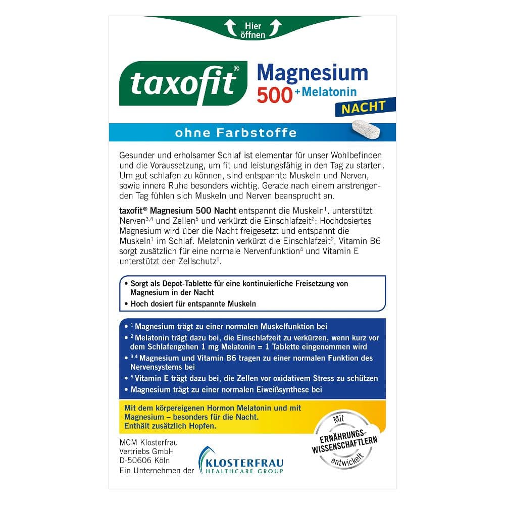 taxofit MAGNESIUM 500 NACHT + MELATONIN 30 St Tabletten