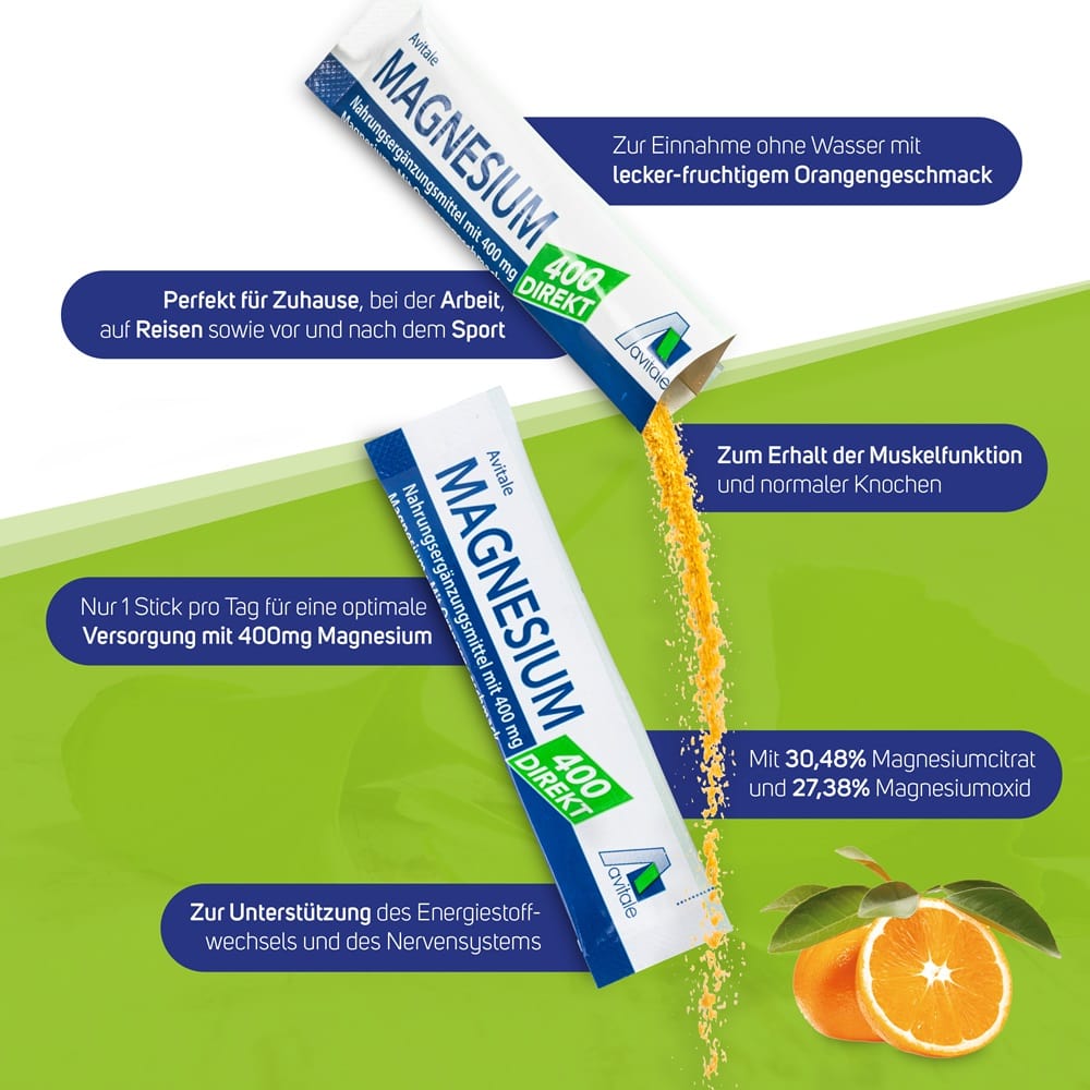 Avitale Magnesium 400 Direkt Orange Portionssticks 20X2.1 g Granulat