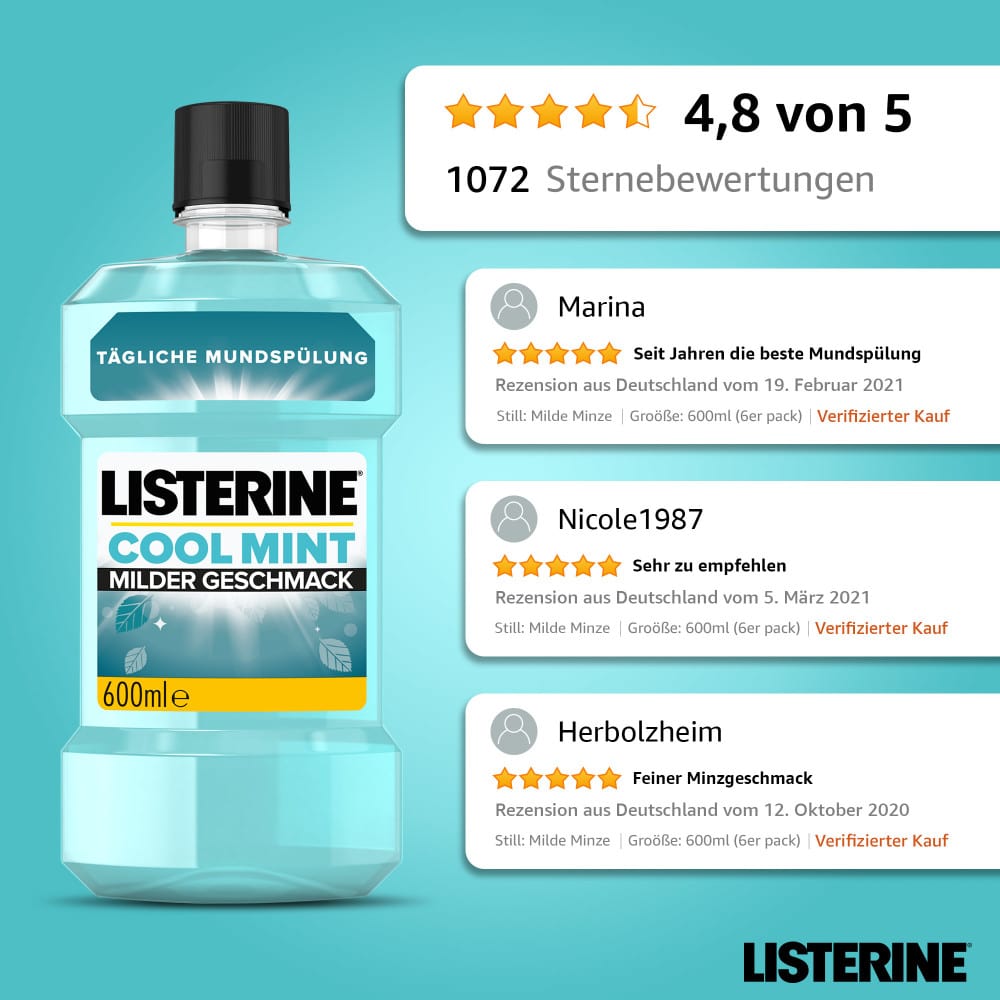 LISTERINE COOL MINT Milder Geschmack Tägliche Mundspülung 600 ml Lösung LISTERINE COOL MINT Milder Geschmack Tägliche Mundspülung 600 ml Lösung