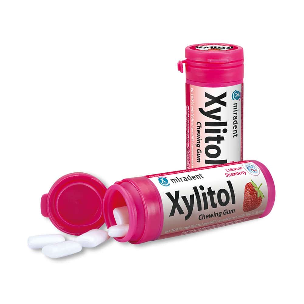 MIRADENT Xylitol Kaugummi Erdbeere 30 g Kaugummi