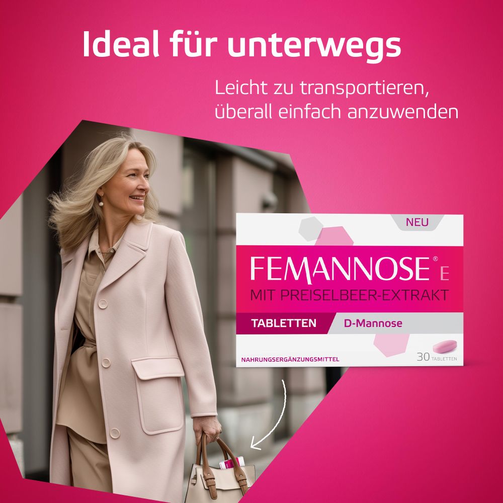 FEMMANOSE E– Tabletten mit je 1000 mg D-Mannose Pulver und 100 mg Preiselbeer-Extrakt 30 St Tabletten