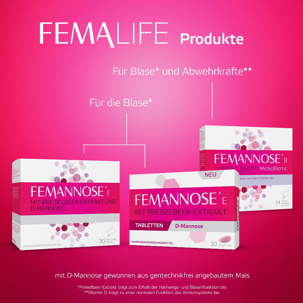 FEMMANOSE F – Trinkgranulat mit je 2000 mg D-Mannose Pulver und 100 mg Preiselbeer-Extrakt 30 St Granulat
