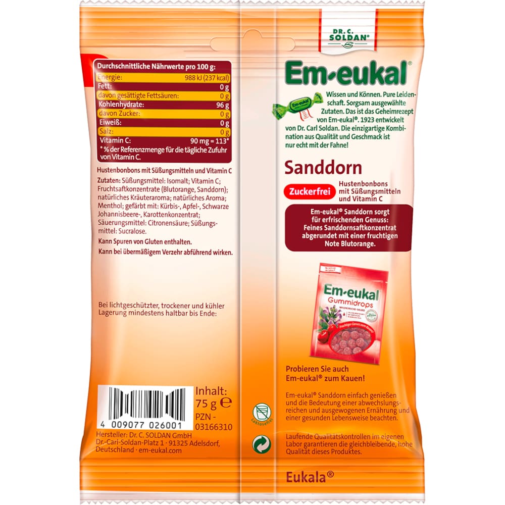 Em-eukal Sanddorn zuckerfrei 75 g Bonbons