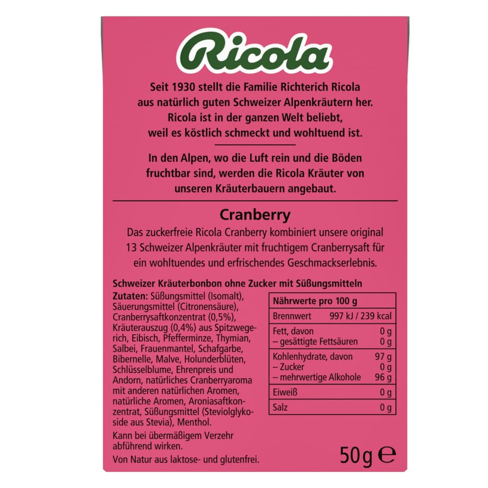 Ricola Cranberry Schweizer Kräuterbonbon zuckerfrei 50 g Bonbons