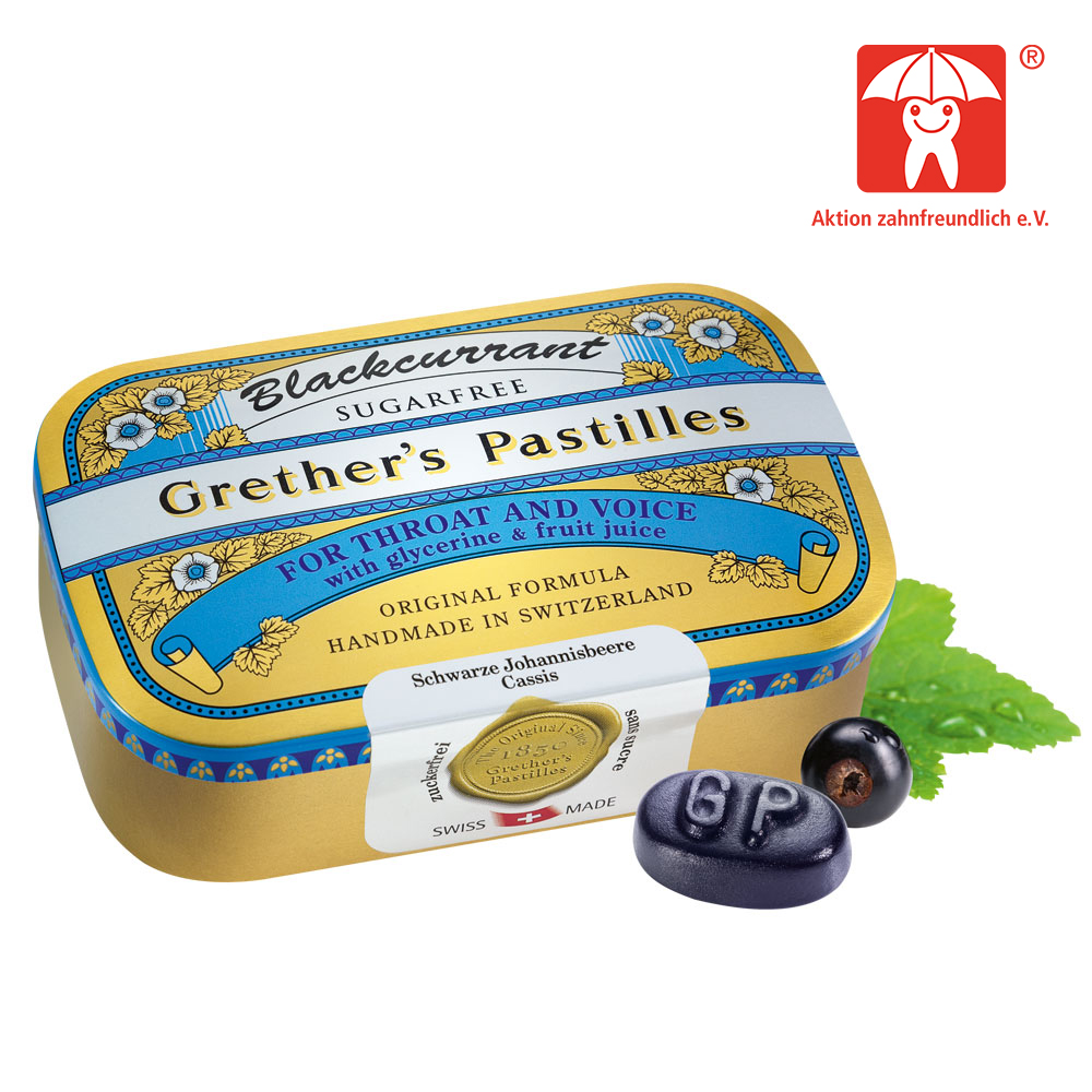 Grethers Pastilles Blackcurrant Silber zuckerfrei Dose 110 g Pastillen