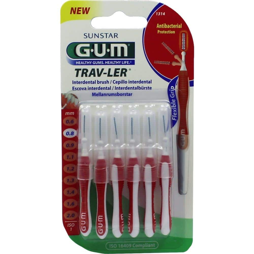 GUM TRAV-LER 0,8mm Kerze rot Interdental+6Kappen 6 St Zahnbürste