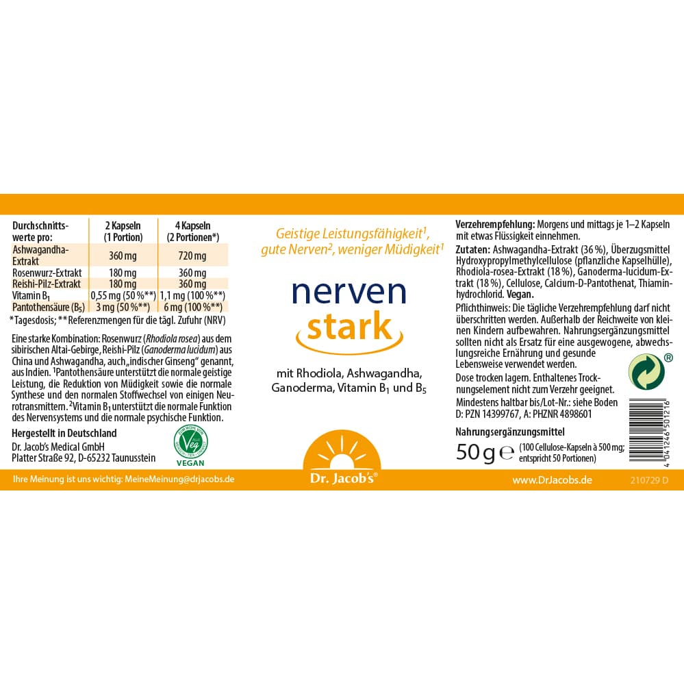 Dr. Jacob's nervenstark mit Rhodiola Ashwaganda Reishi-Pilz