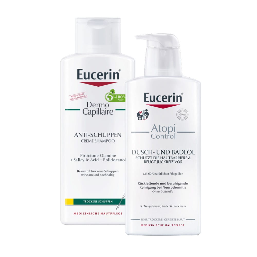Eucerin DermoCapillaire Urea Kopfhaut beruhigendes Shampoo & Eucerin AtopiControl Dusch- und Badeöl 1 Sparset