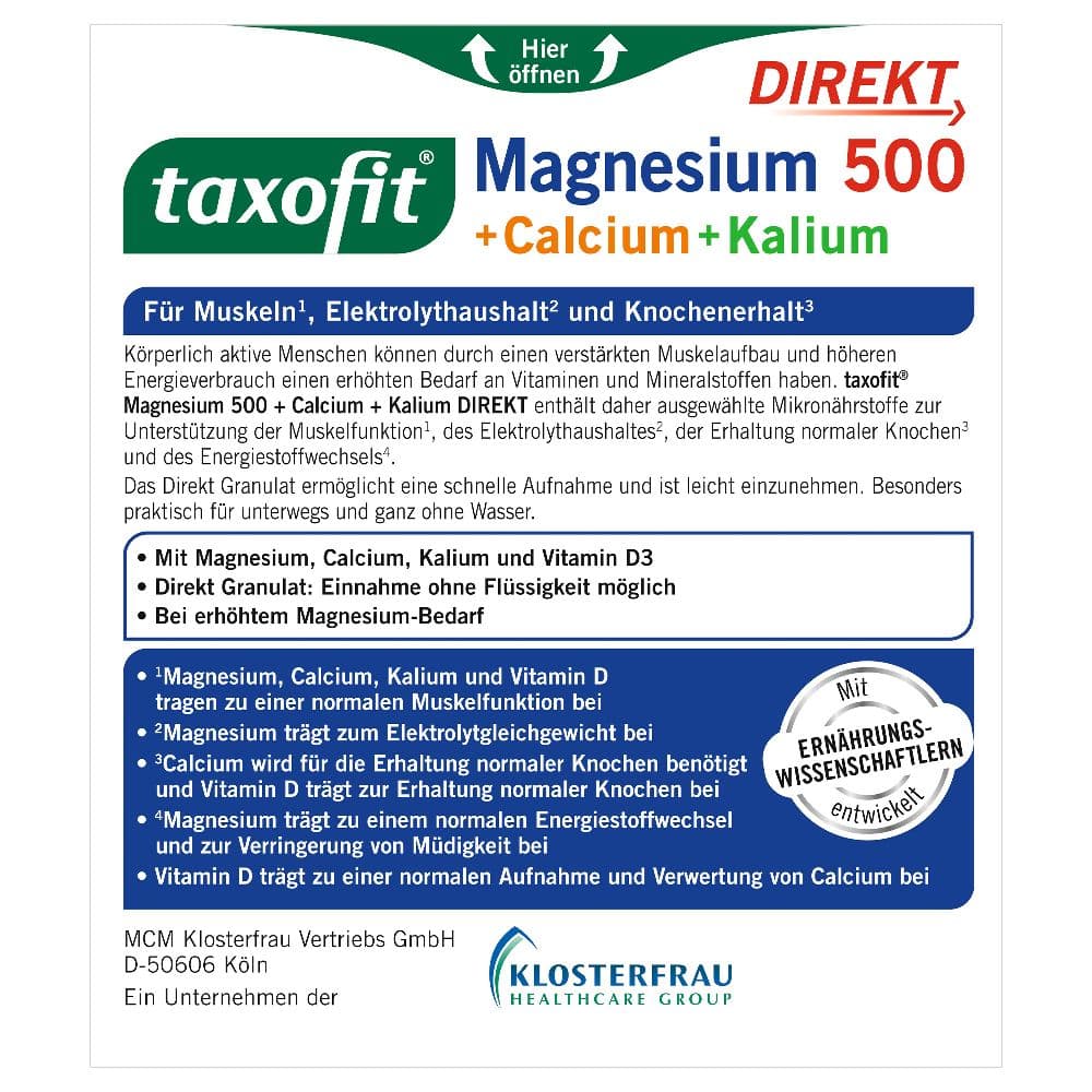 taxofit DIREKT Magnesium 500 + Calcium + Kalium 20 St Granulat