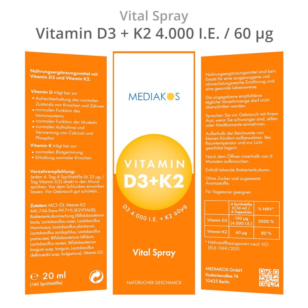 MEDIAKOS Vitamin D3 + K2 4000 I.E. / 60µg  20 ml Spray
