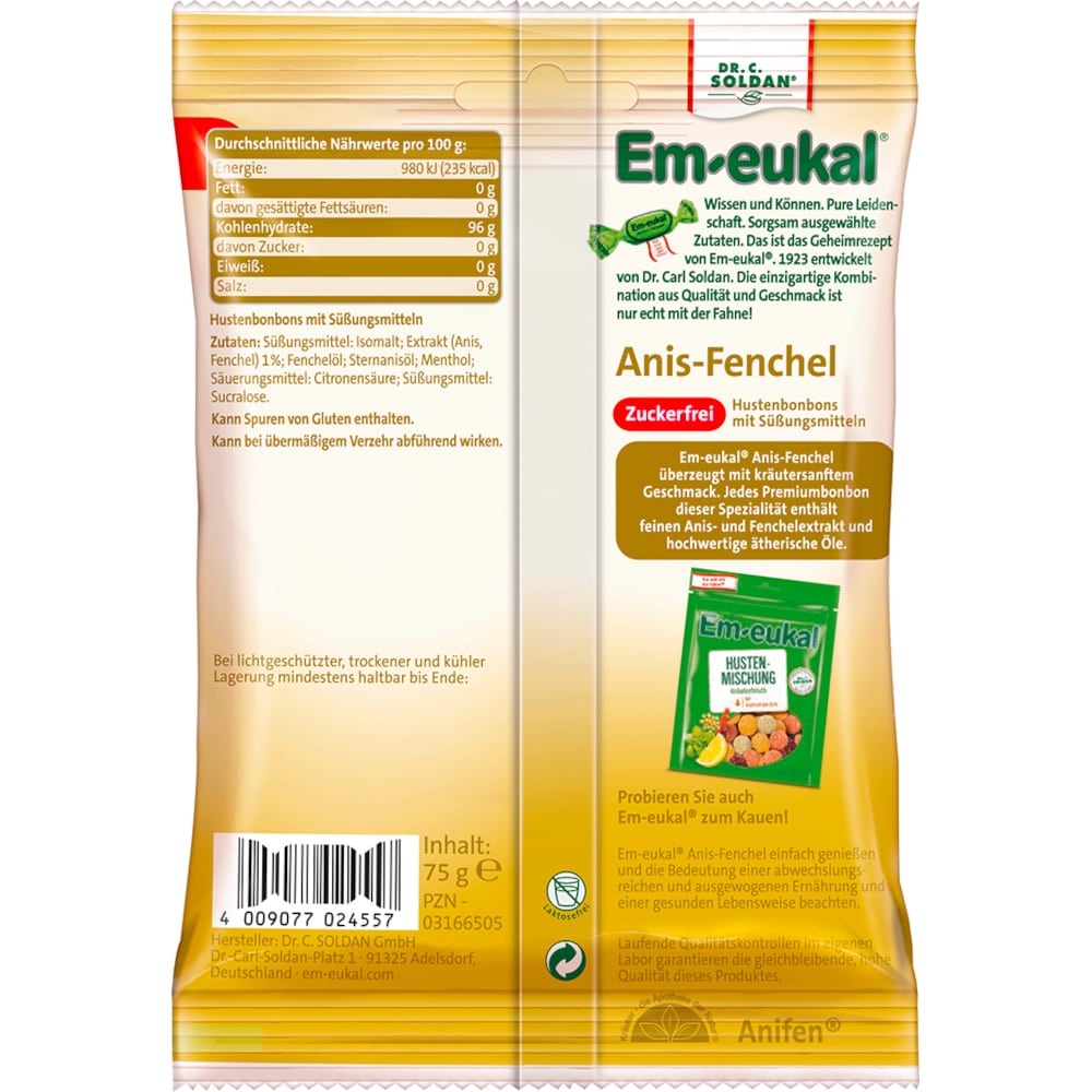 Em-eukal Anis Fenchel zuckerfrei 75 g Bonbons