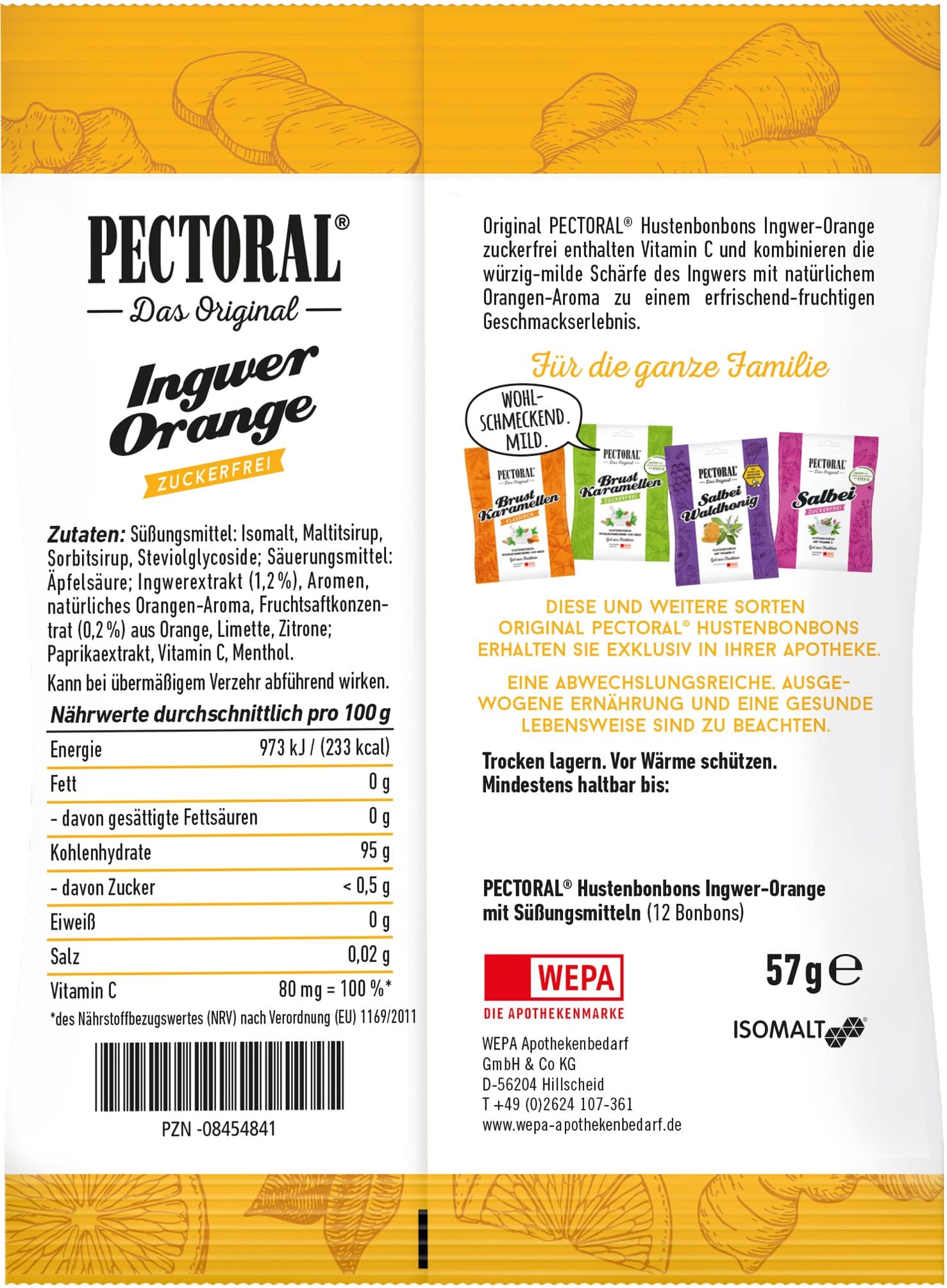 PECTORAL Ingwer Orange Bonbons zuckerfrei 60 g Bonbons