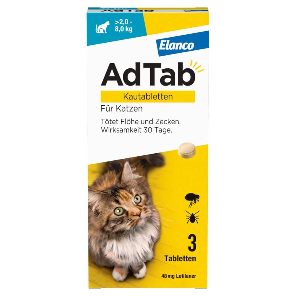 AdTab Kautabletten 48mg für Katzen 2-8 kg Elanco 3 St Kautabletten