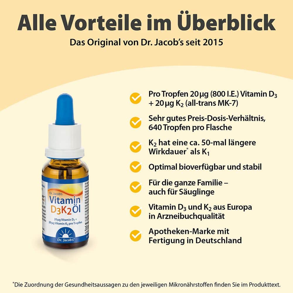 Dr. Jacob's Vitamin D3K2 Öl 800 IE/20 mcg D3+K2 640 Tropfen