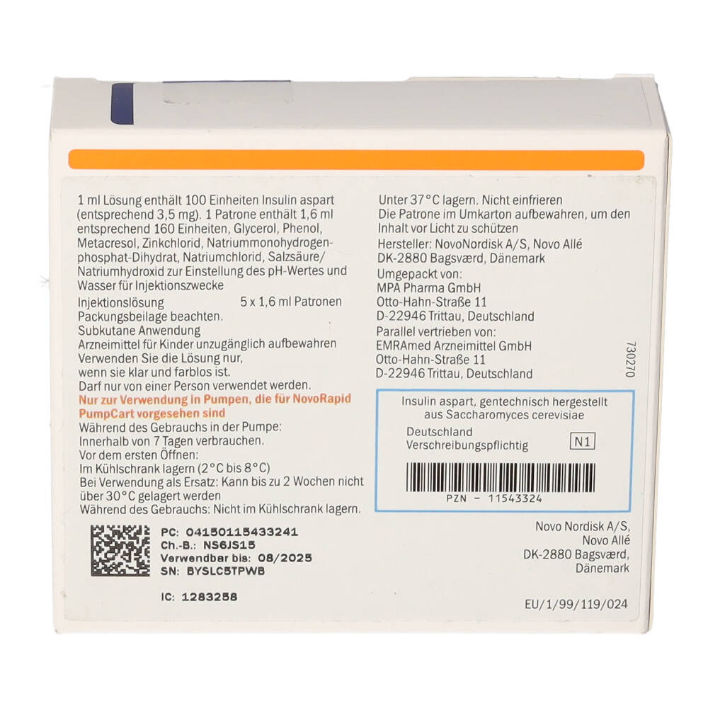 NovoRapid PumpCart 100 Einheiten/ml 1,6ml 5X1.6 ml Injektionslösung
