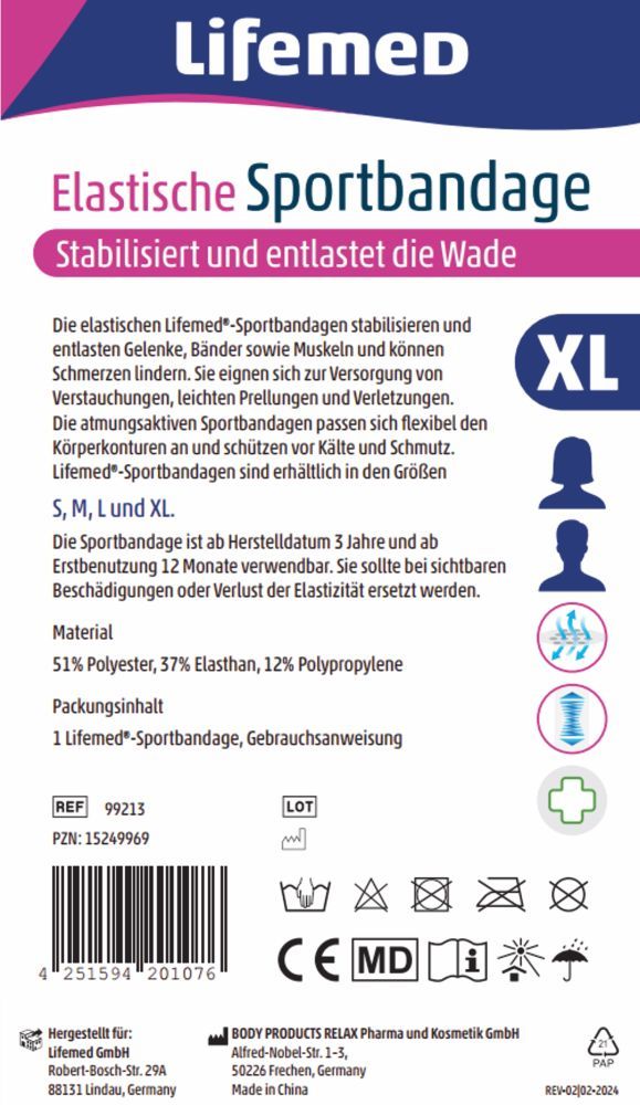 LifemeD Elastische Sportbandage Waden XL 1 St Bandage