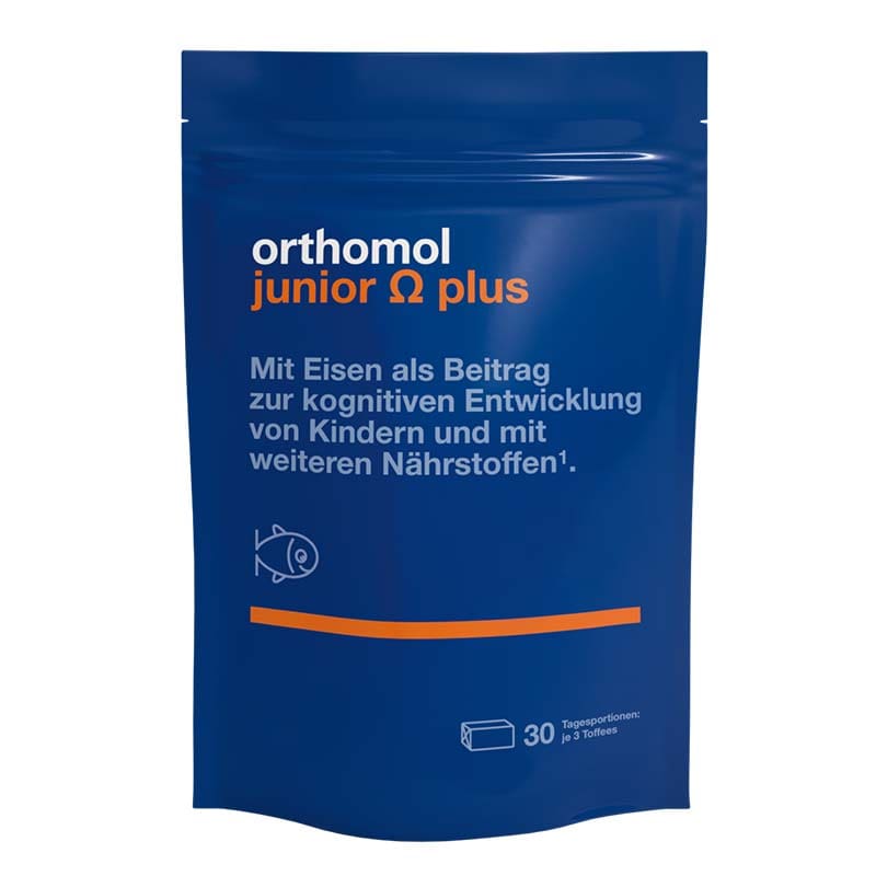 orthomol junior Omega plus - mit Eisen, Omega-3-Fettsäuren und Vitamin B12 - 90 Toffees
