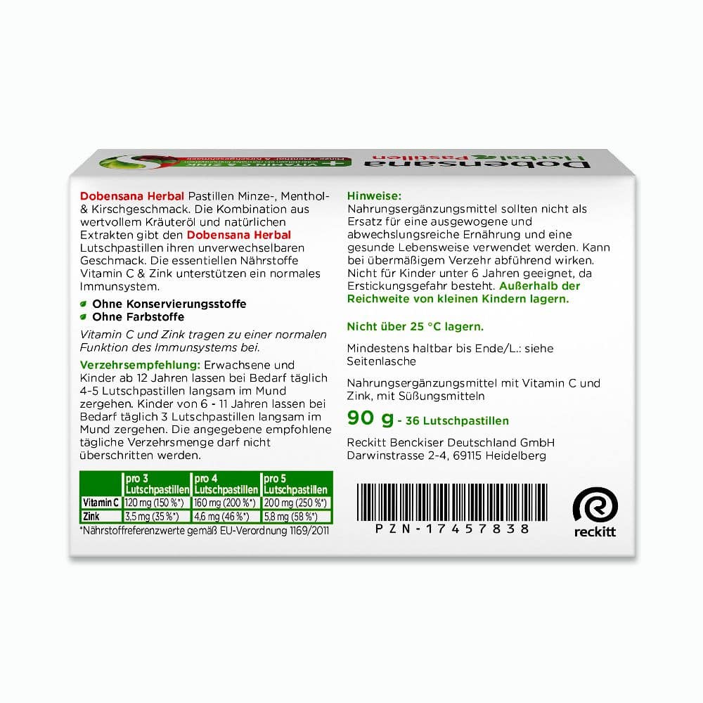 Dobensana Herbal + VITAMIN C & ZINK Kirschgeschmack 36 St Lutschpastillen Dobensana Herbal + VITAMIN C & ZINK Kirschgeschmack 36 St Lutschpastillen