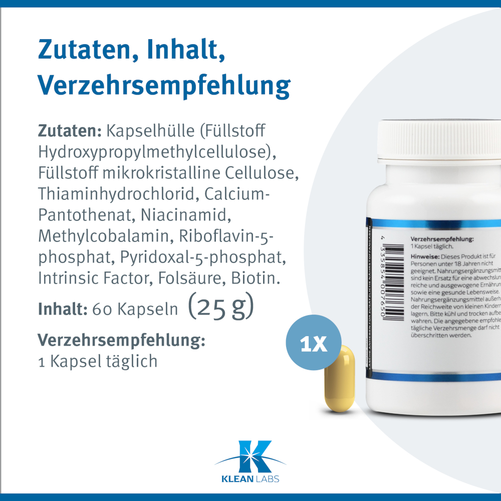 KLEAN LABS B-COMPLEX mit Methylfolat und Intrinsic Factor 60 St Kapseln