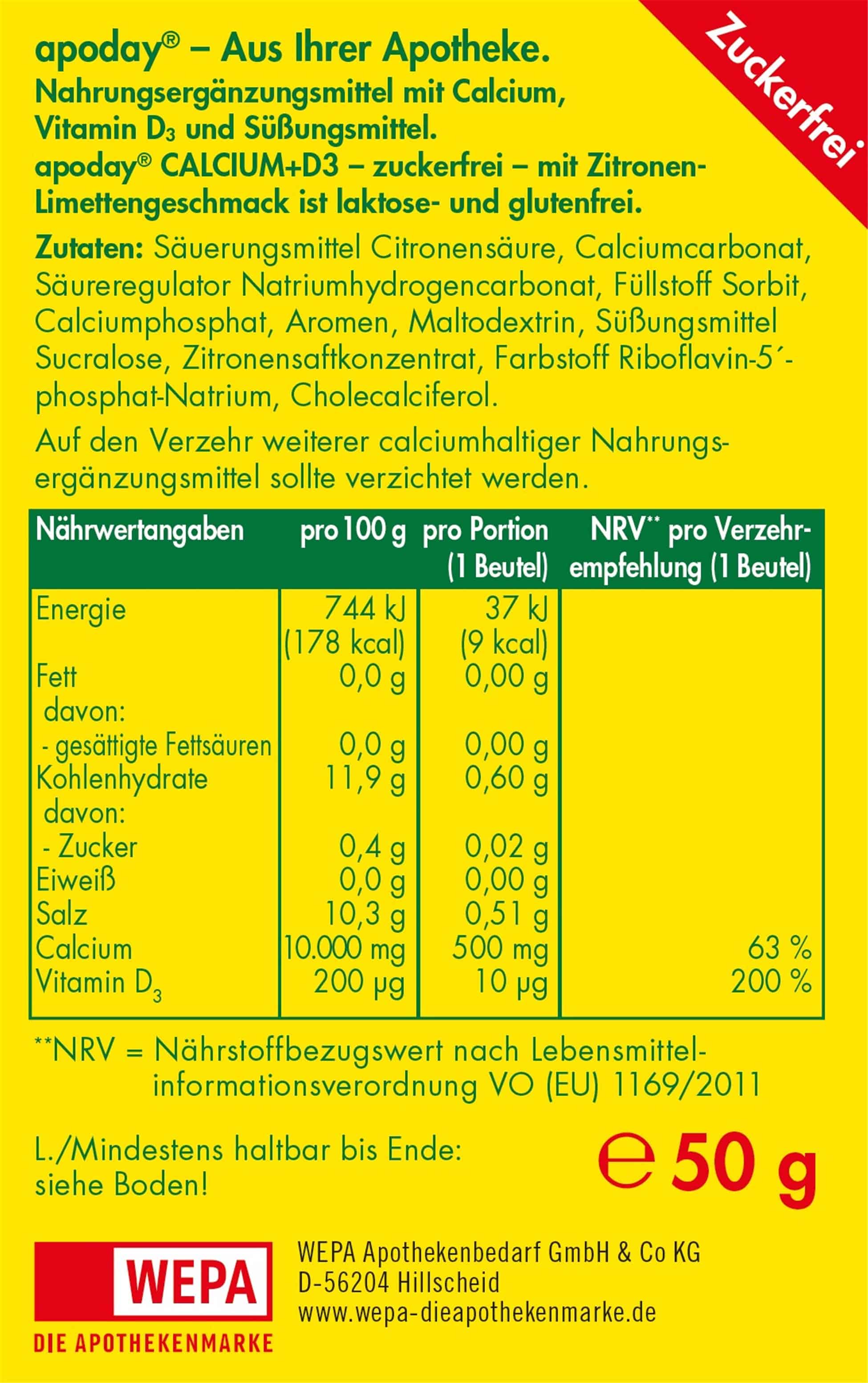 Apoday Calcium + D3 Zitrone-Limette zuckerfrei 10X5 g Pulver