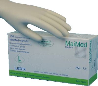 MaiMed sensitiv PF Untersuchungshandschuhe unsteril Latex L 100 St Handschuhe