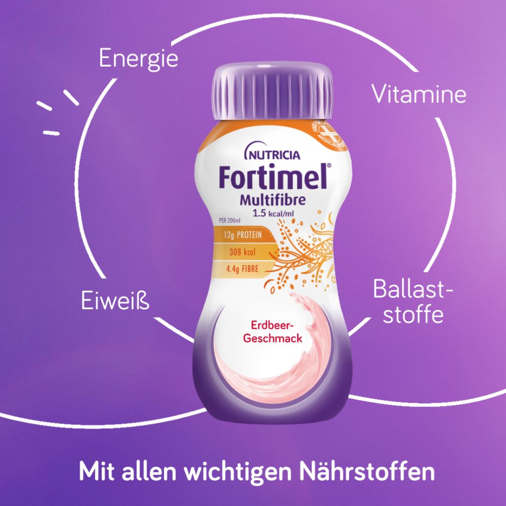 Fortimel Multifibre 1.5 kcal Erdbeergeschmack 4X200 ml Flüssigkeit