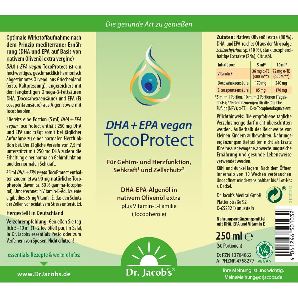 DHA + EPA vegan TocoProtect 250 ml Algenöl Olivenöl Omega-3
