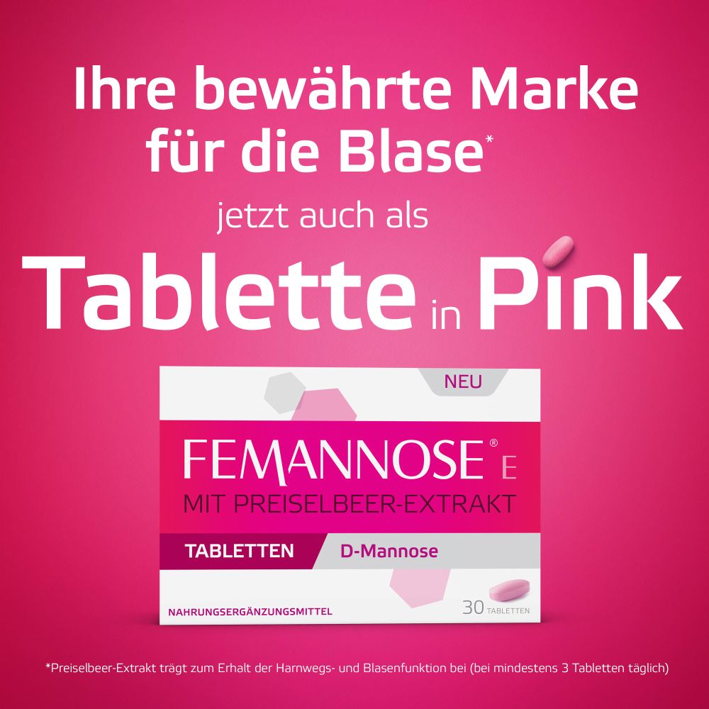 FEMMANOSE E– Tabletten mit je 1000 mg D-Mannose Pulver und 100 mg Preiselbeer-Extrakt 30 St Tabletten