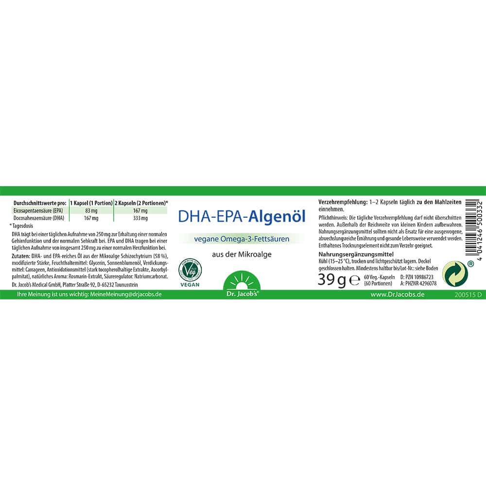 Dr. Jacob's DHA-EPA-Algenöl Kapseln Omega-3-Fettsäuren vegan