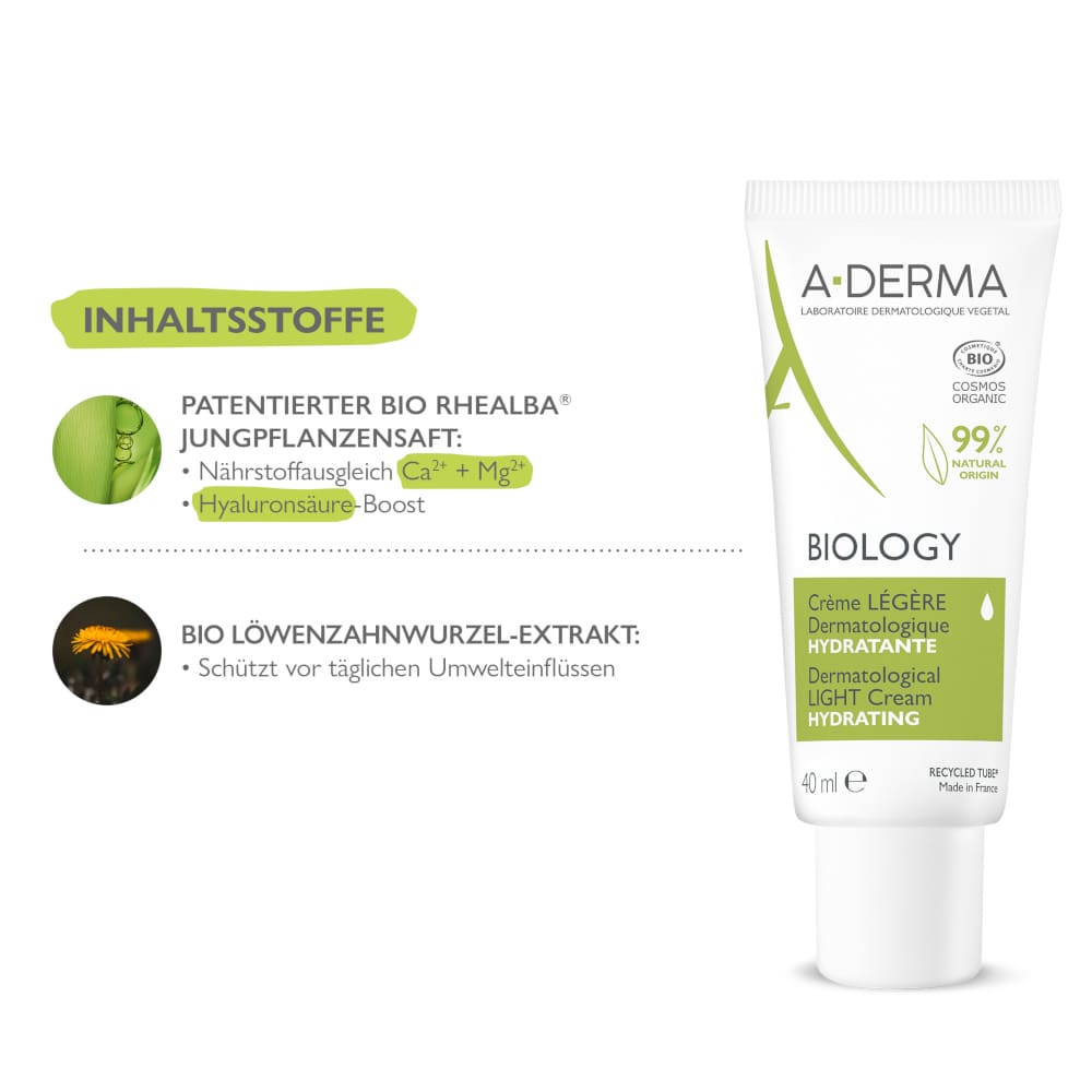 A-DERMA BIOLOGY  Feuchtigkeitscreme leicht  40 ml Creme