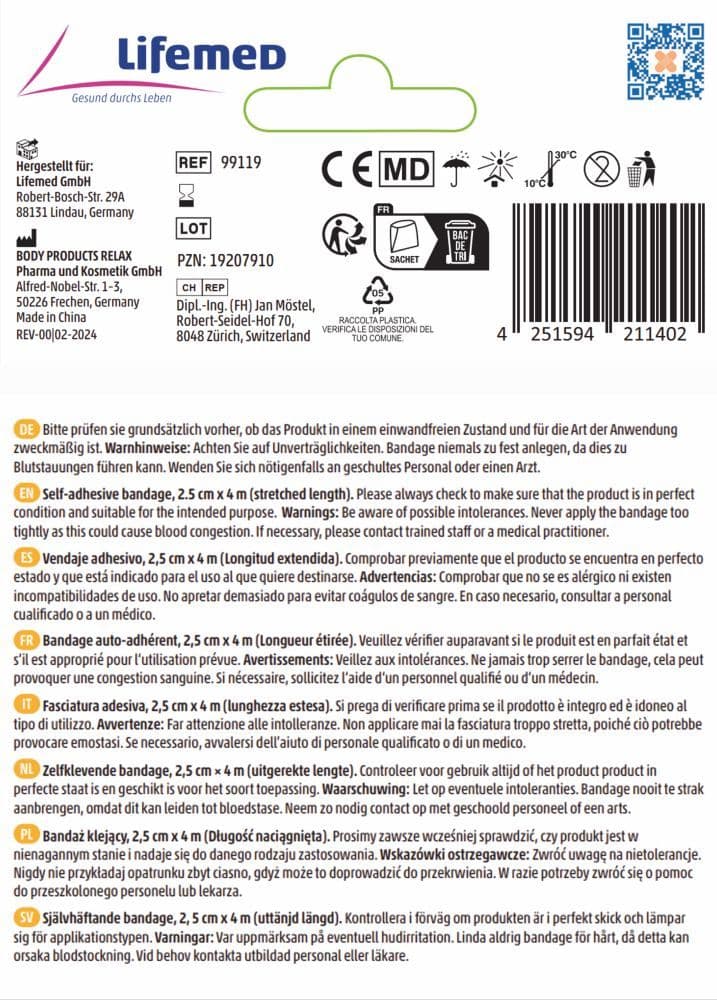 Lifemed Pflasterverband selbsthaftend 2,5 cm x 4 m 1 Packung Pflaster