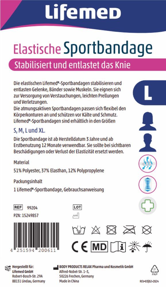 LifemeD Elastische Sportbandage Knie L 1 St Bandage