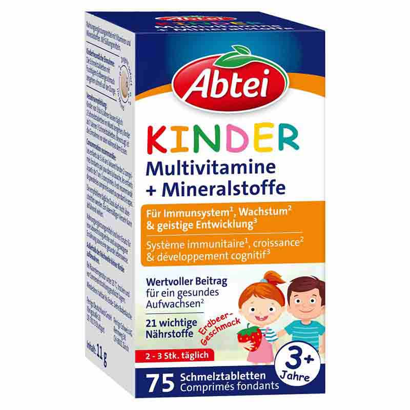 Abtei Kinder Multivitamine + Mineralstoffe Erdbeer-Geschmack Schmelztabletten 75 St Schmelztabletten