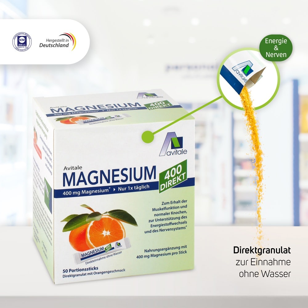 Avitale Magnesium 400 Direkt Orange Portionssticks 20X2.1 g Granulat