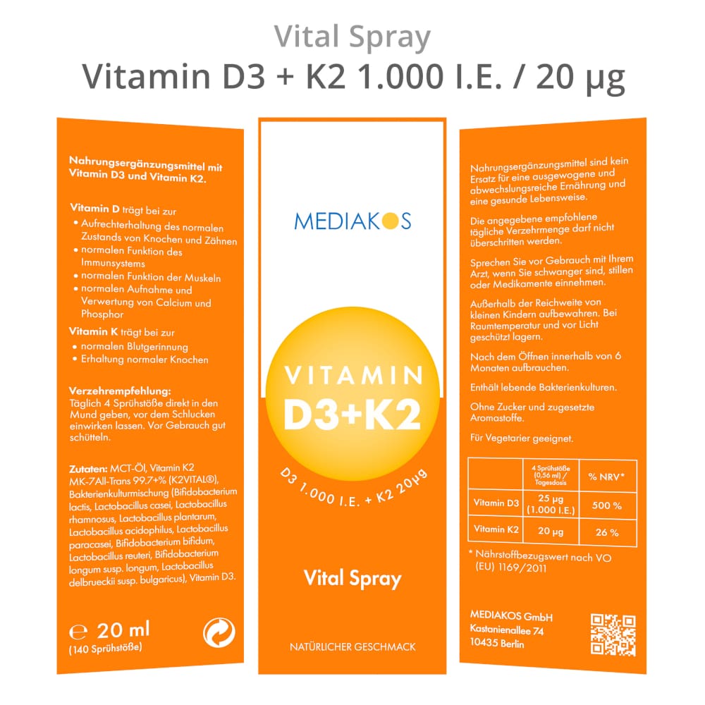 MEDIAKOS Vitamin D3 + K2 1.000 I.E. / 20 μg Vital Spray 20 ml Spray
