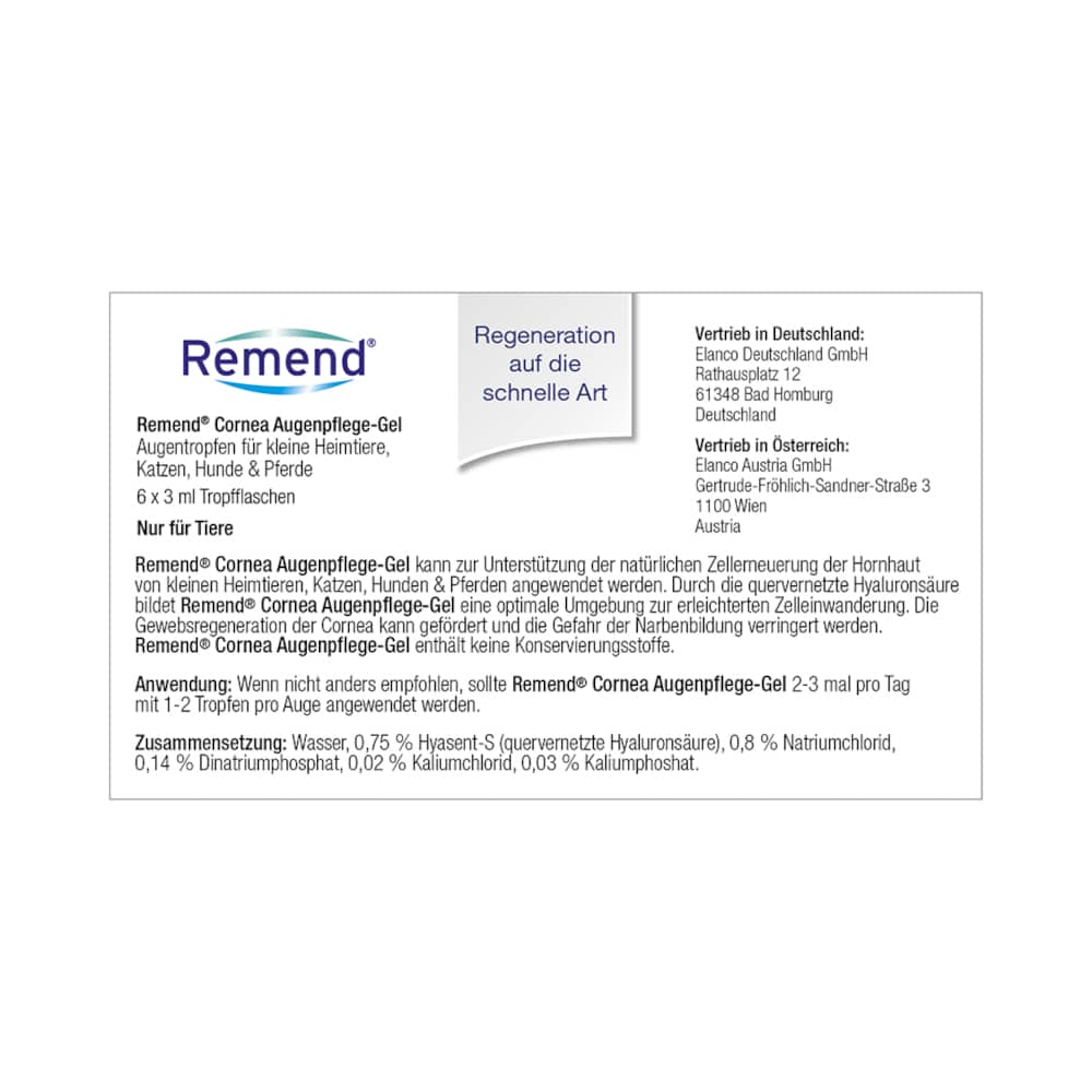 Remend CORNEA AUGENPFLEGE-GEL für Hunde/Katzen/Pferde 6X3 ml Augentropfen